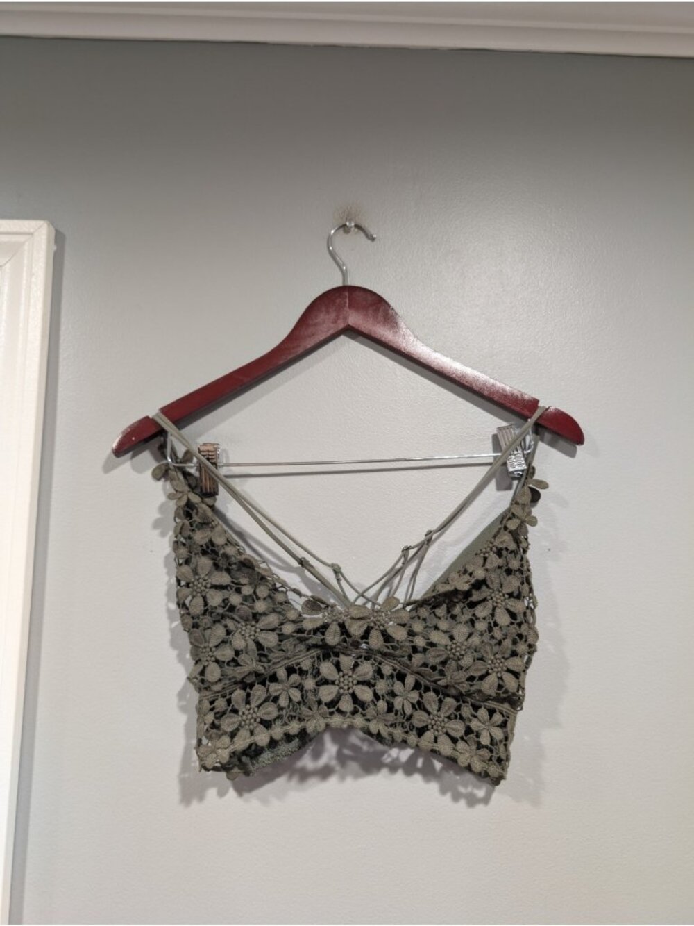 Free People Intimately Miss Dazie Bralette in Olive Green Floral Crochet Size M